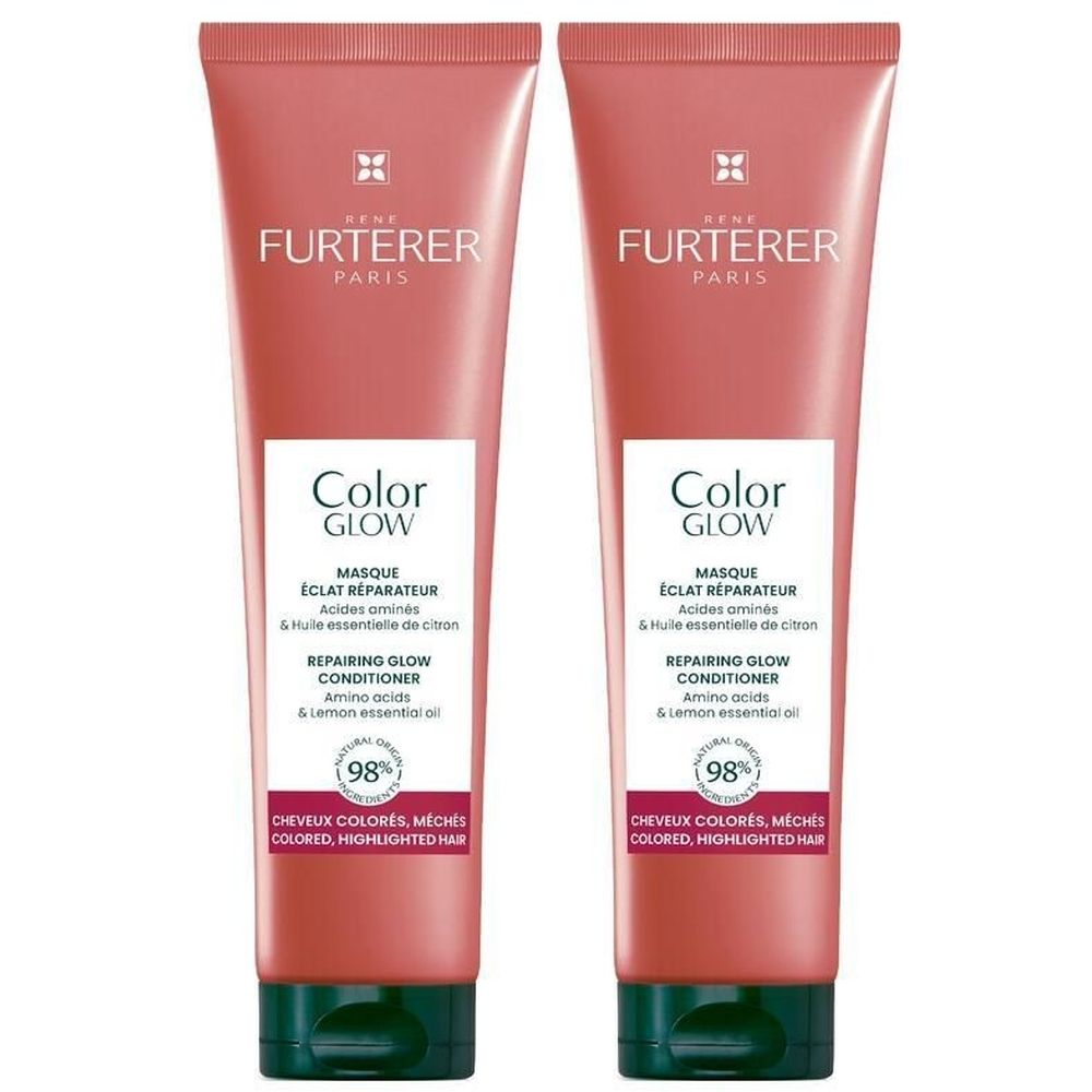 Deux tubes de FURTERER Color Glow. Tubes roses avec bouchons verts. Texte: Color Glow, Masque Éclat Réparateur, cheveux colorés.