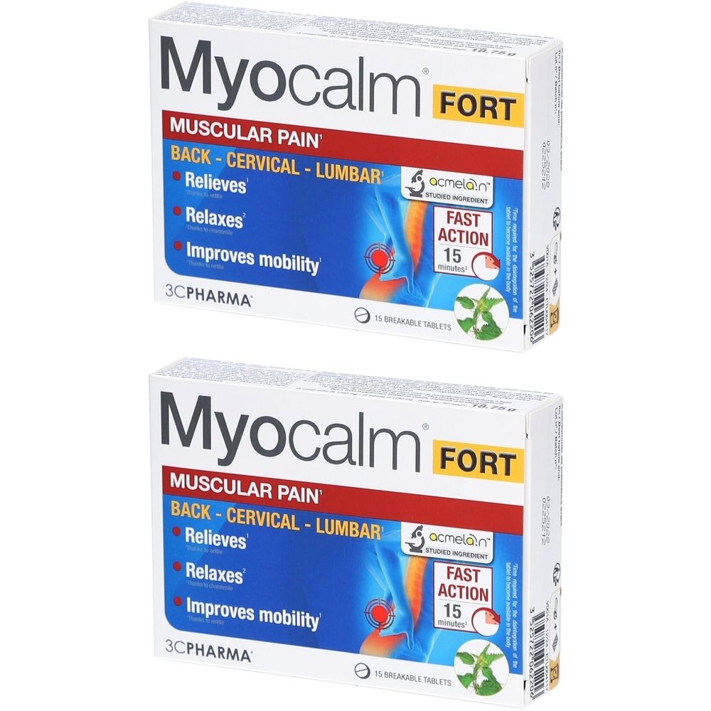 Deux boîtes de "Myocalm FORT". Inscription "DOULEURS MUSCULAIRES" et "DOS-CERVICALES-LOMBAIRES". Contient 15 comprimés.