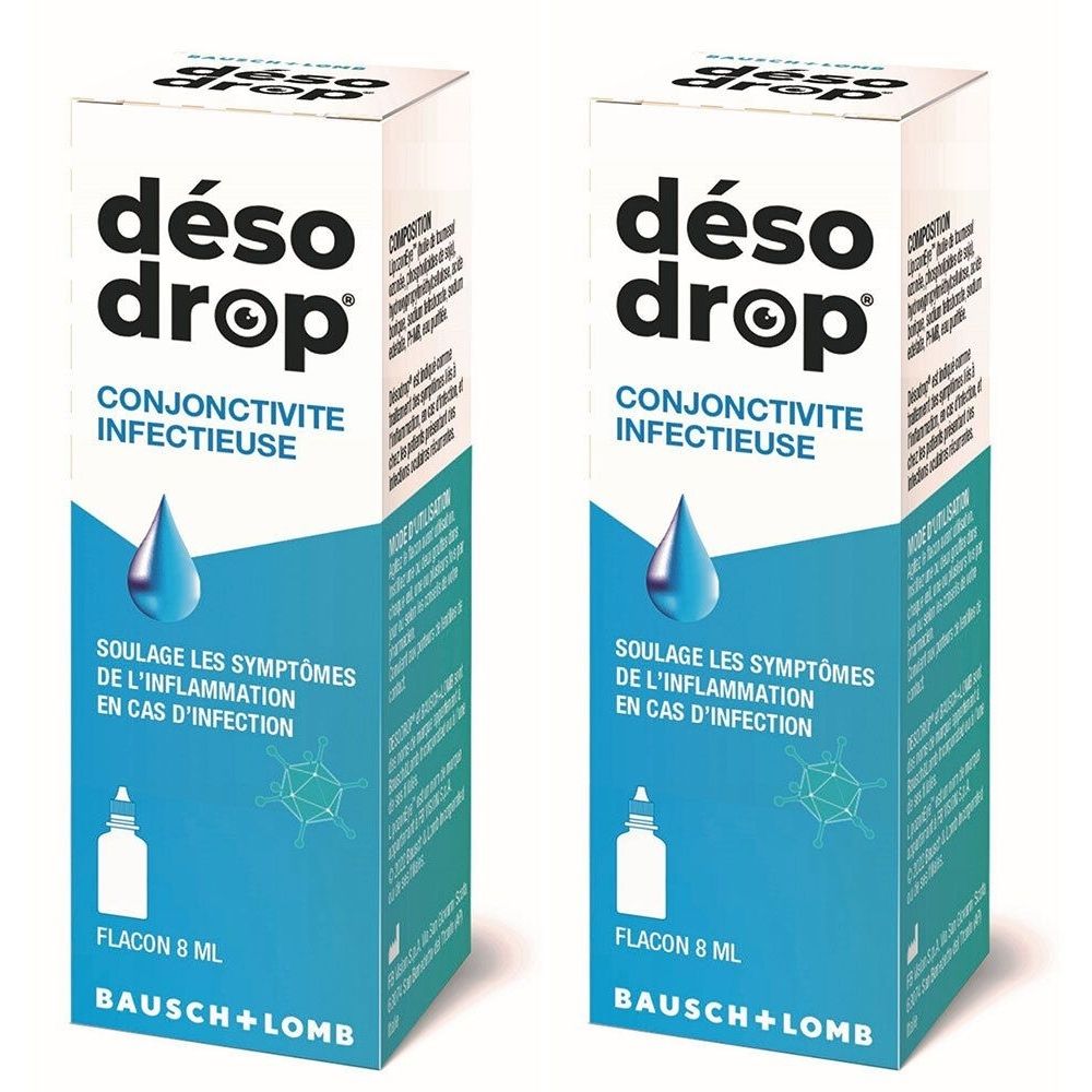 Deux boîtes « déso drop ». Illustrations de gouttes et flacons bleus. Texte : « CONJONCTIVITE INFECTIEUSE » et « BAUSCH+LOMB ».