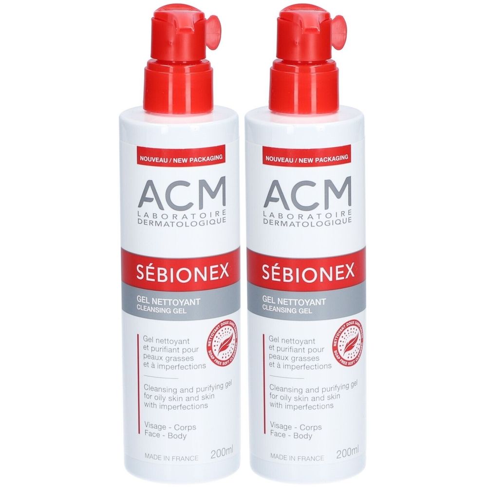 Deux flacons blancs avec bouchon rouge. Inscriptions: ACM, SÉBIONEX, Gel Nettoyant. Texte en français et anglais. 200ml.