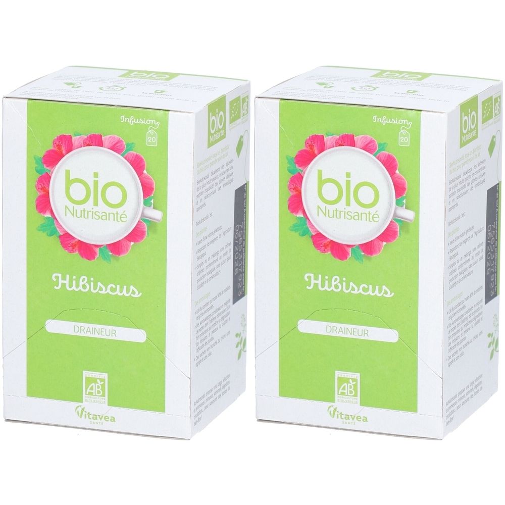 Deux boîtes de Bio Nutrisanté Hibiscus Draineur Infusion. Emballage vert et blanc avec logo et nom du produit.