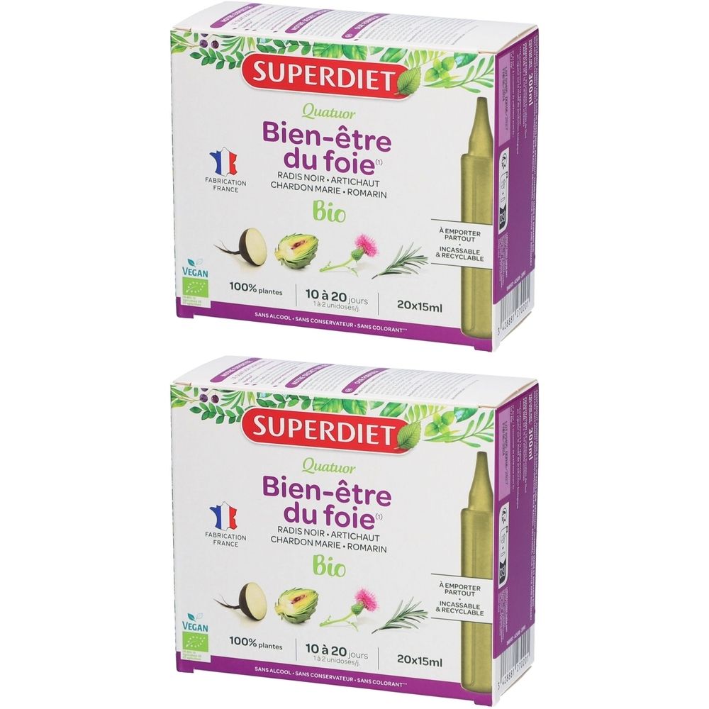 Deux boîtes de Superdiet Quatuor Bio. Inscription : Bien-être du foie. Label Vegan et fabrication française.