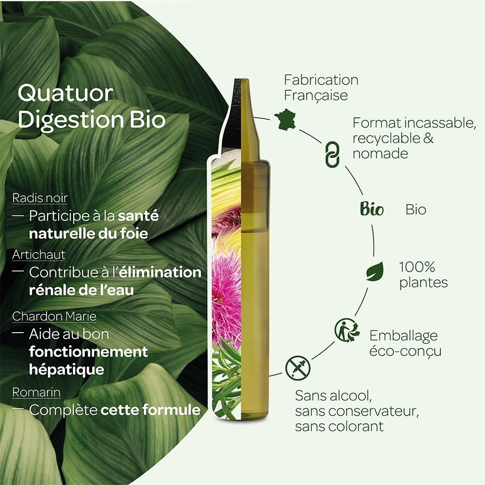 Ampoule unidose Superdiet Quatuor Bio Leber avec illustrations de plantes.