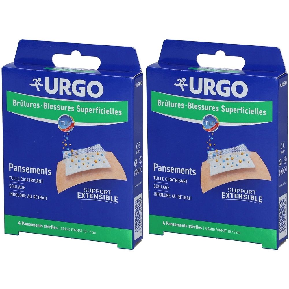 Deux boîtes bleues de pansements URGO pour brûlures. Inscriptions : Brûlures-Blessures Superficielles, Pansements, Tulle cicatrisant, Support extensible.