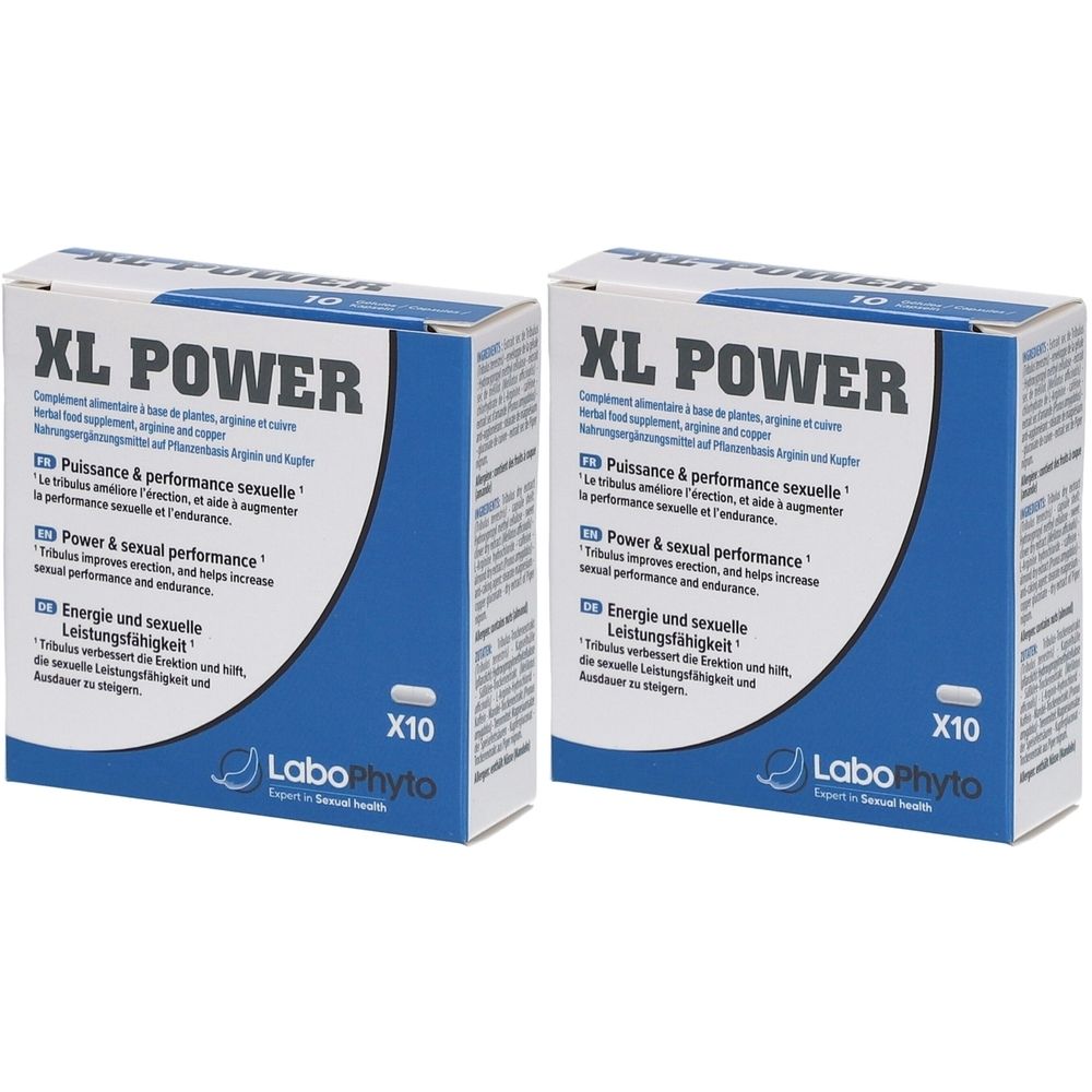 Deux boîtes "XL POWER". Emballage bleu et blanc avec texte multilingue. Logo "LaboPhyto" en bas.