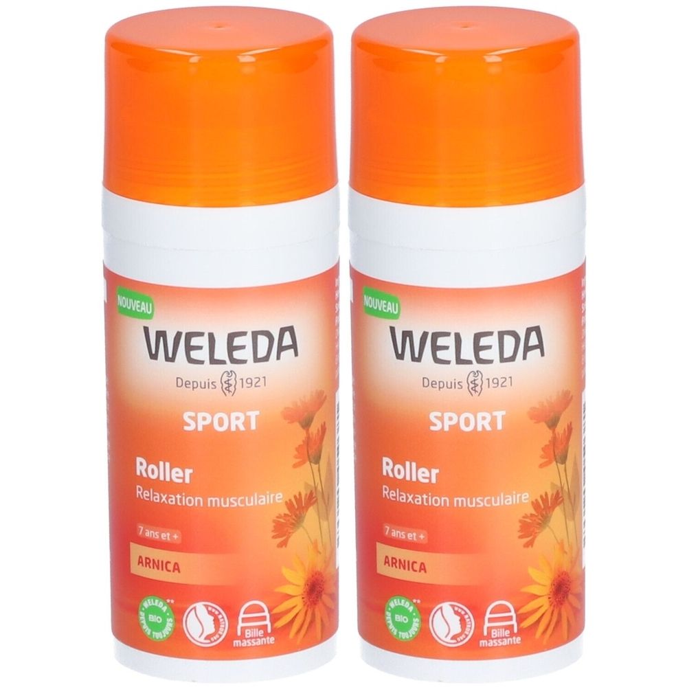 Deux flacons cylindriques orange et blanc. Inscription: WELEDA Sport Roller Arnica. Étiquettes vertes et blanches.