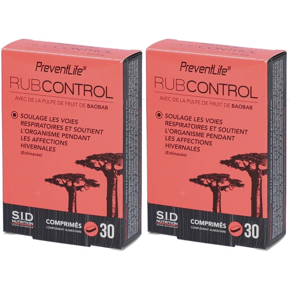 Deux boîtes PreventLife RubControl. Texte: 30 comprimés. Avec pulpe de fruit de baobab. Pour les voies respiratoires.