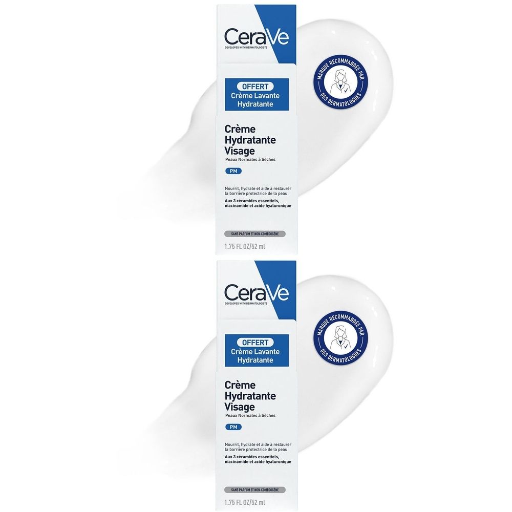 Deux tubes de Crème Hydratante Visage. Inscription CeraVe, offre Crème Lavante Hydratante. Crème blanche.