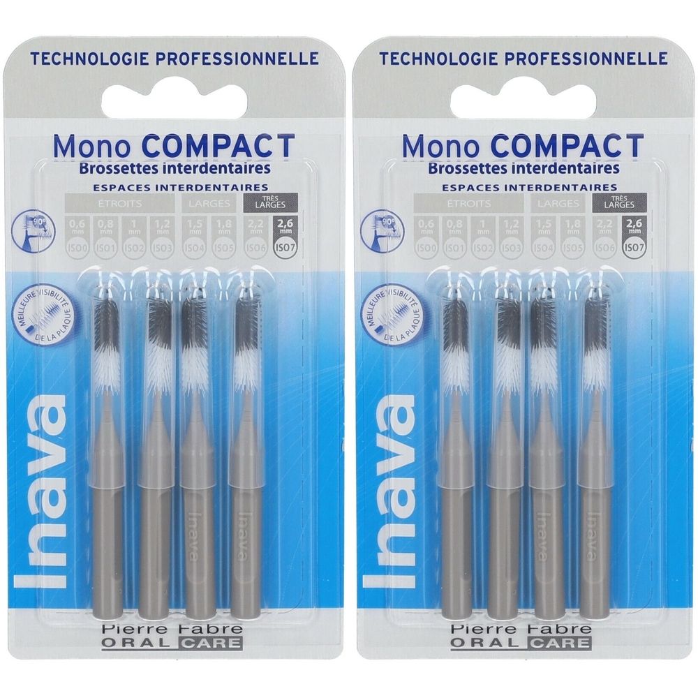 Deux paquets de brossettes interdentaires Inava Mono COMPACT. Gris, 2,6 mm. Technologie professionnelle. Pierre Fabre Oral Care.