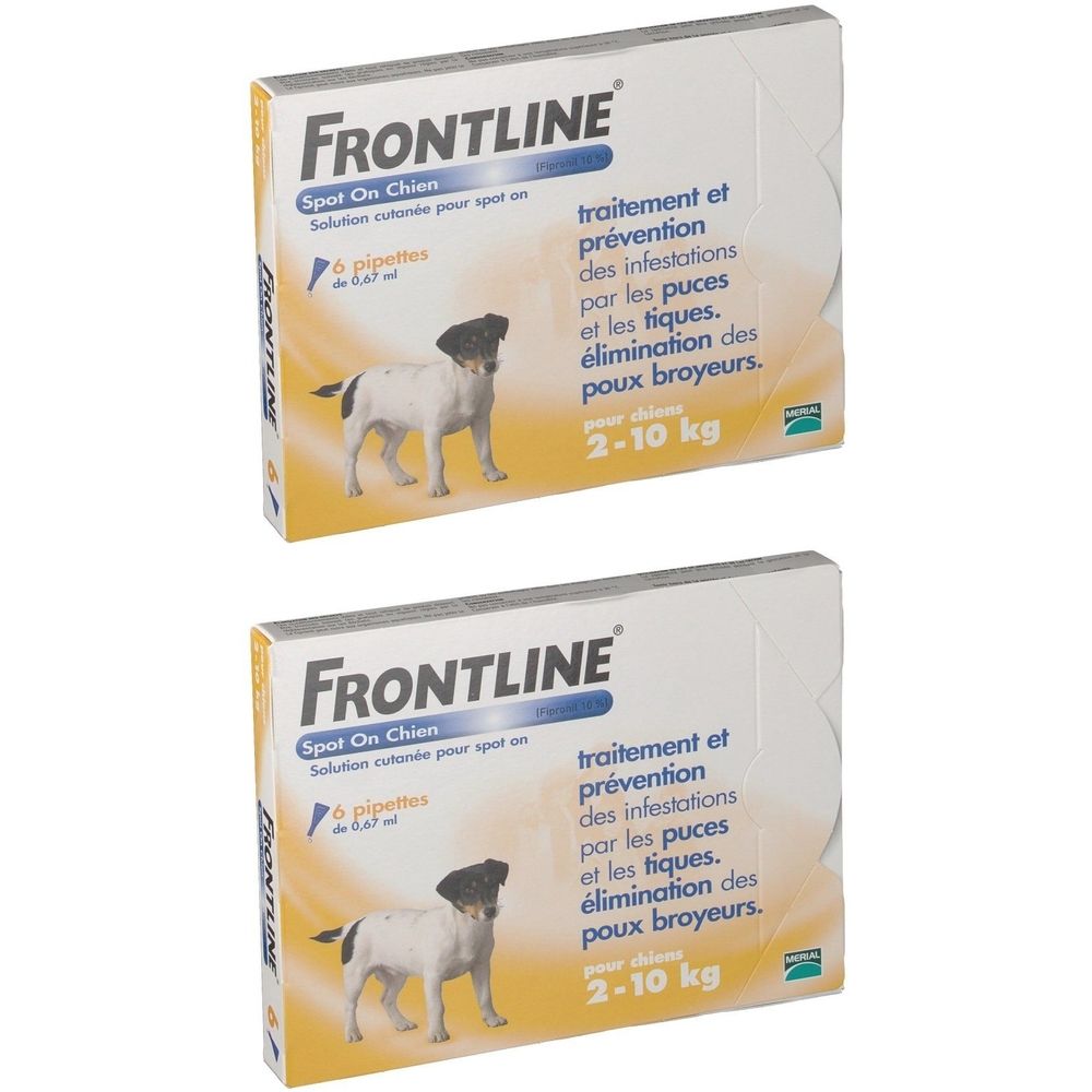 Deux boîtes de Frontline Spot On Chien. Inscription: Traitement et prévention des infestations par les puces et les tiques. Pour chiens 2-10 kg.