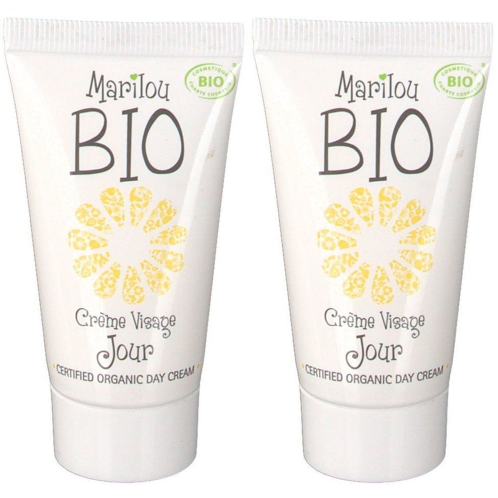 Deux tubes de crème. Inscription: Marilou Bio, Crème Visage Jour, Certified Organic Day Cream. Avec label bio.