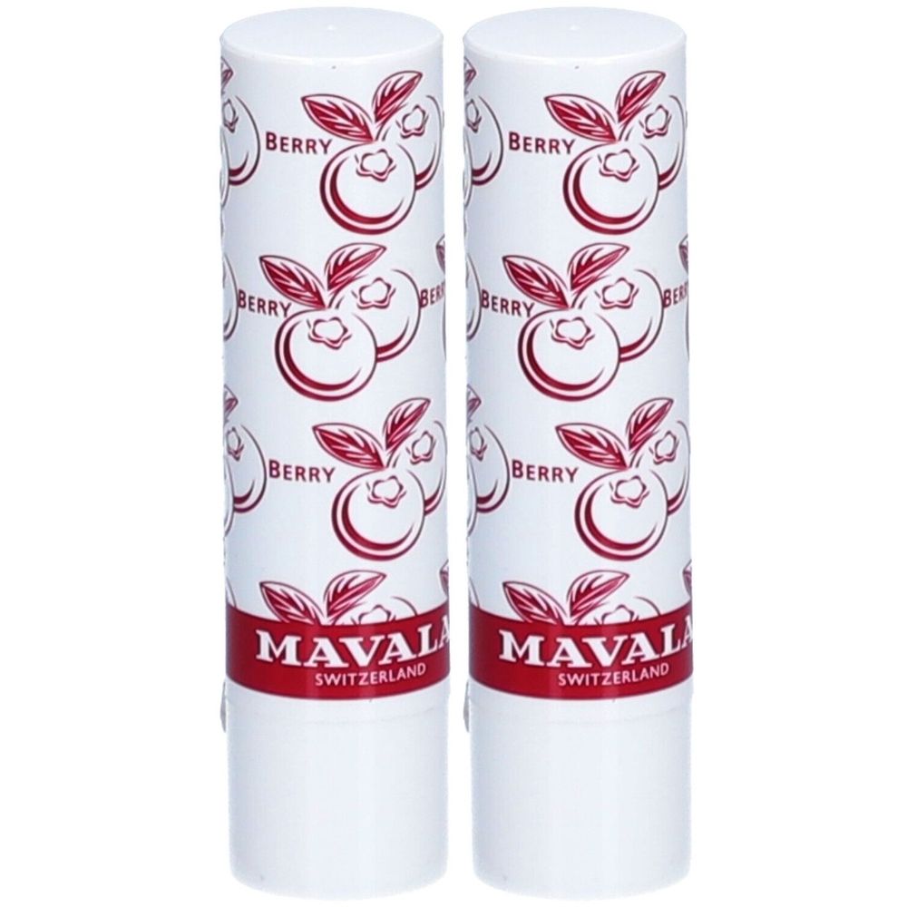 Deux sticks à lèvres blancs avec motif de baies rouges. Inscription "BERRY" et "MAVAL Switzerland".
