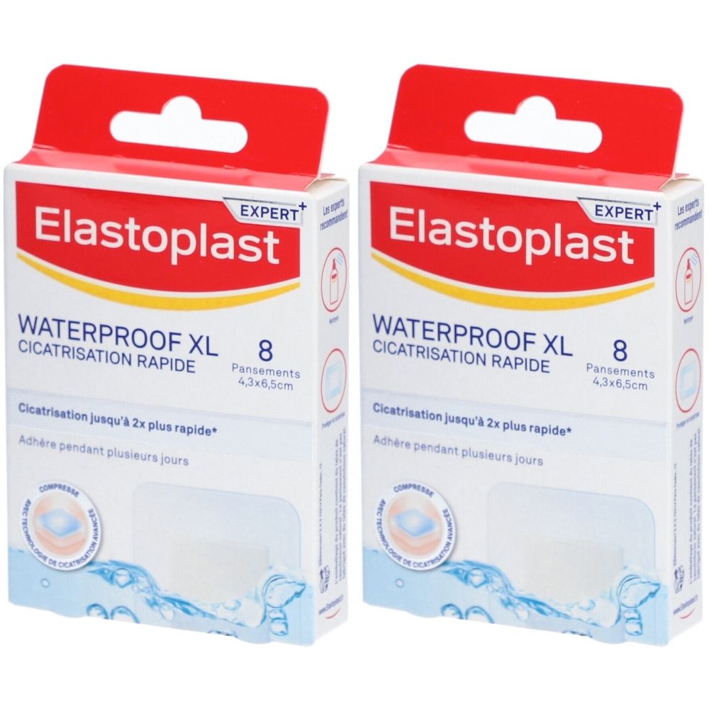 Deux boîtes de pansements Elastoplast Waterproof XL. Inscription: 8 pansements, 4,3 x 6,5 cm. Cicatrisation rapide.