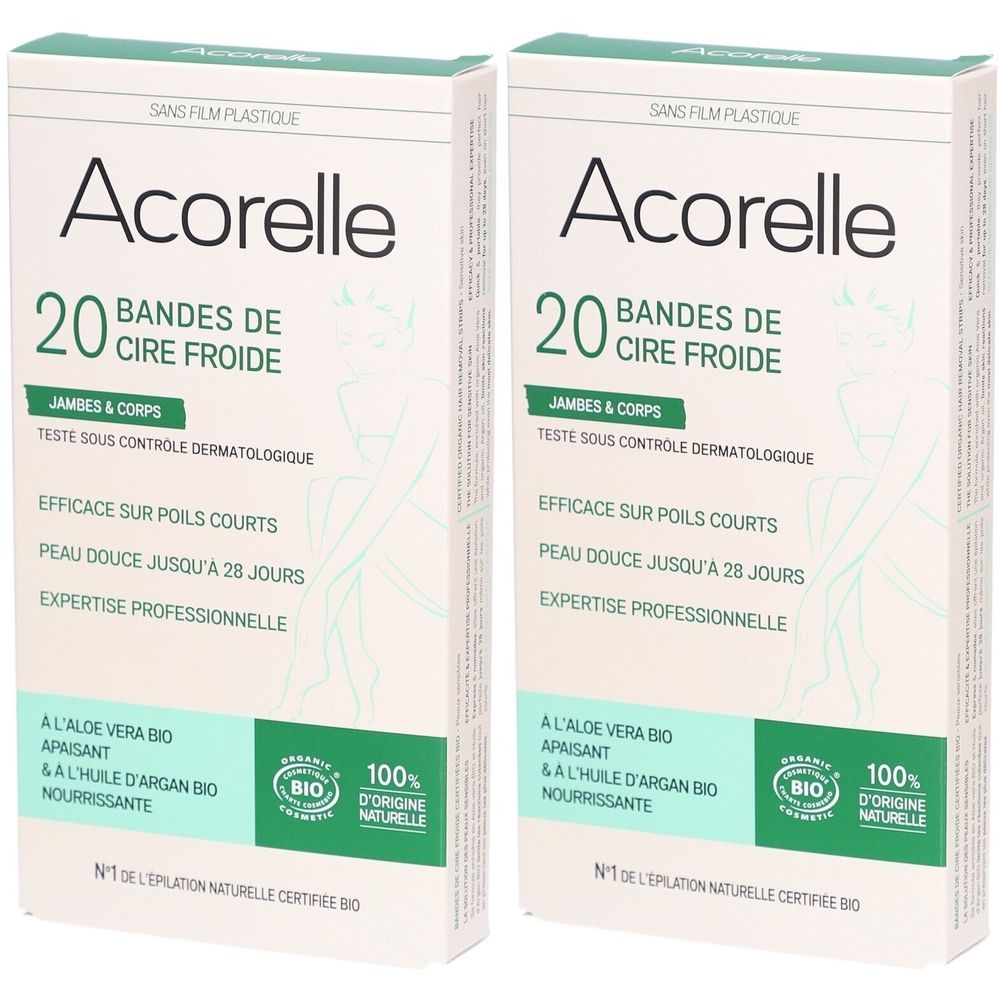 Deux boîtes de bandes de cire froide Acorelle. Contient 20 bandes, pour jambes et corps. Certifié bio.