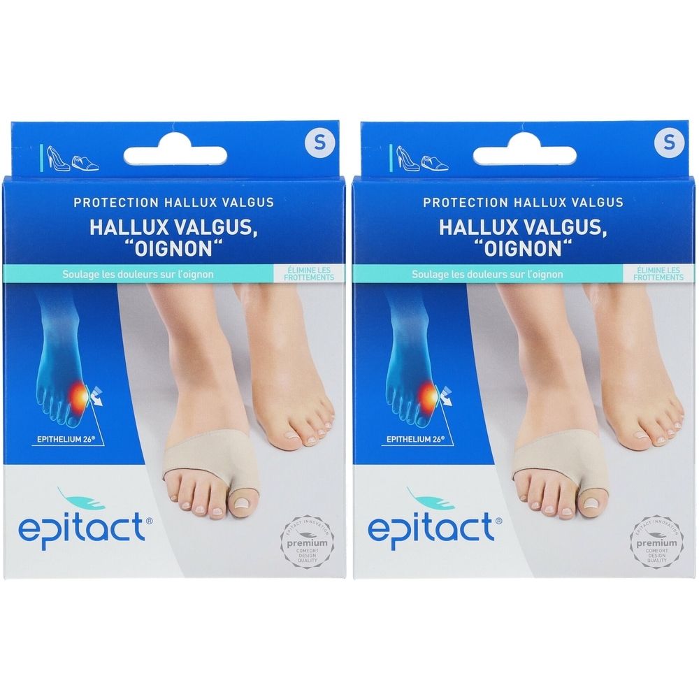Deux boîtes de protection hallux valgus Epitact. Emballage bleu avec nom du produit et illustration d'un pied. Taille S.