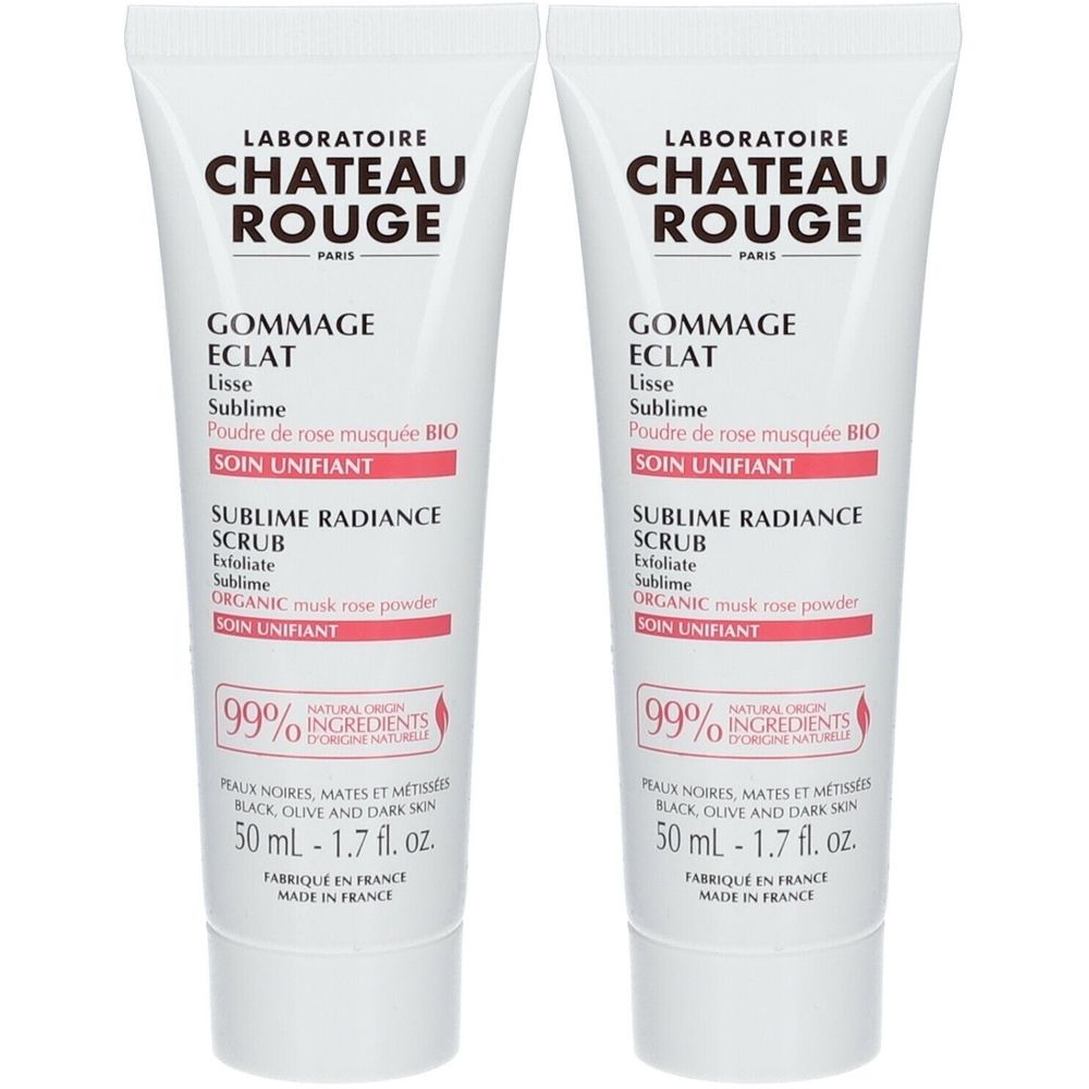 Deux tubes de Château Rouge Gommage Éclat Visage. Blanc, texte rouge et noir. Contient 99% d'ingrédients naturels.