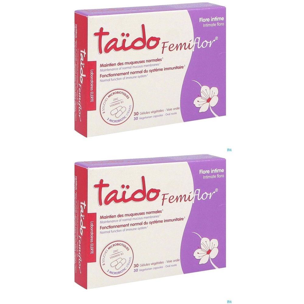 Deux boîtes de Taïdo Femiflor. Inscription : Flore intime. Contient 30 gélules. Avec zinc et probiotiques.