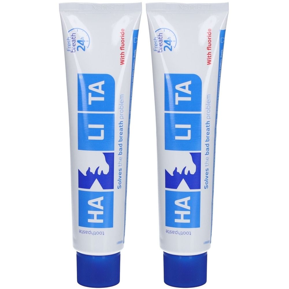 Deux tubes de dentifrice. Blanc, bleu. Inscription: HALITA, Fresh breath 24, Avec fluor. Résout le problème de la mauvaise haleine.