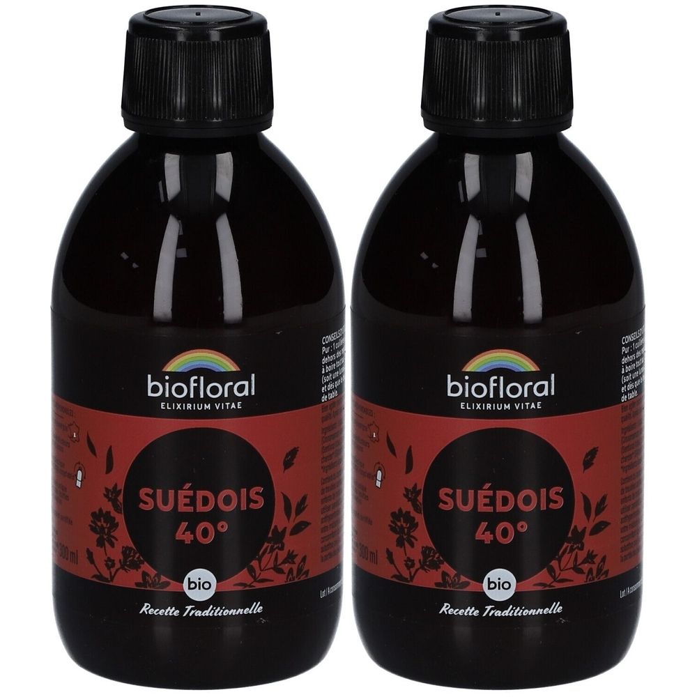 Deux flacons bruns avec bouchons noirs. Étiquettes avec "biofloral", "SUÉDOIS 40°" et "bio". Recette Traditionnelle.