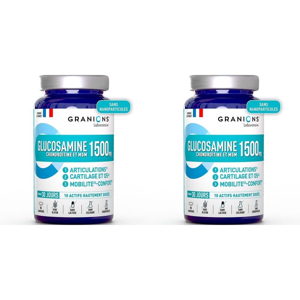 Deux flacons bleus GRANIONS Glucosamine 1500. Inscription : Glucosamine 1500, Articulations, Cartilage et Os, Mobilite-Confort. Avec certification.