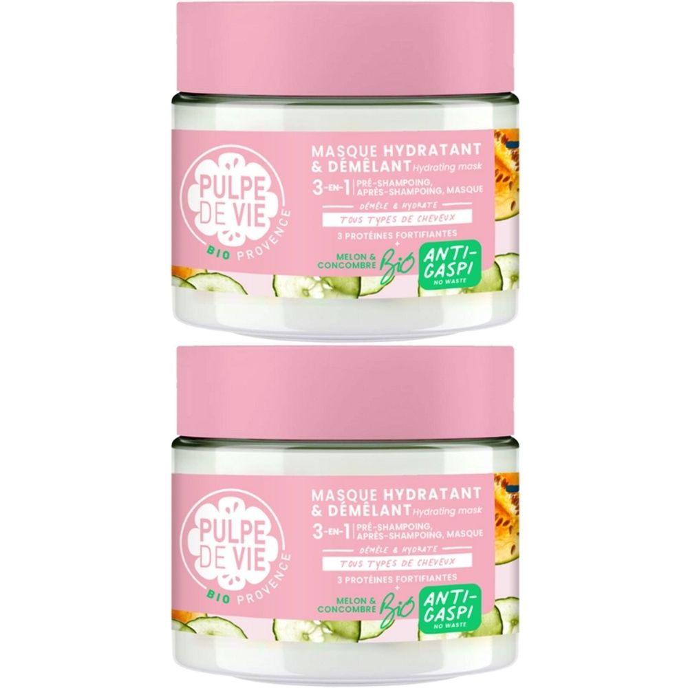Deux pots de crème avec couvercles roses. Étiquettes avec "Pulpe de Vie" et "Masque Hydratant & Démêlant".