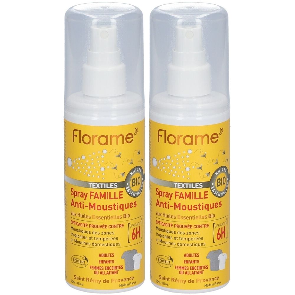 Deux flacons de spray anti-moustiques Florame. Étiquettes jaunes avec texte. Certifié bio. Pour textiles. Bouchons transparents.