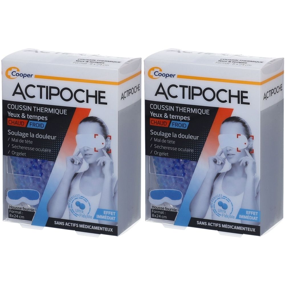 Deux boîtes ACTIPOCHE. Boîtes blanches avec nom du produit et illustration. Contient un coussin thermique yeux et tempes.