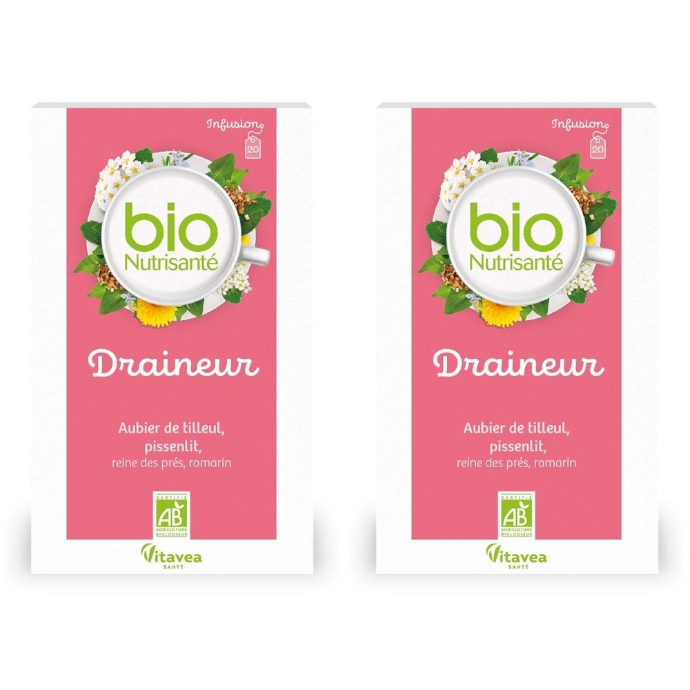 Deux sachets Nutrisanté Bio Draineur. Emballage rose avec logo, nom du produit et ingrédients. Certification AB.