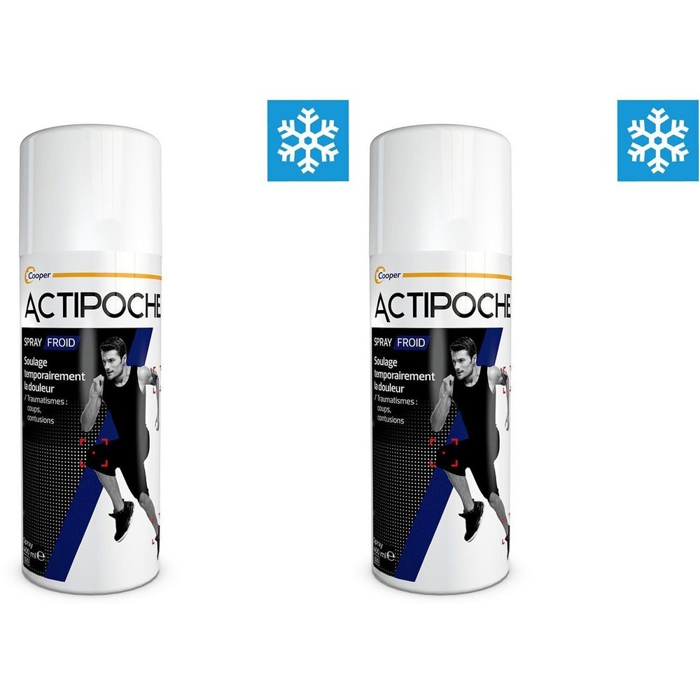 Deux sprays ACTIPOCHE. Récipient blanc avec texte bleu et noir. Illustration d'un homme. Symbole de flocon de neige.