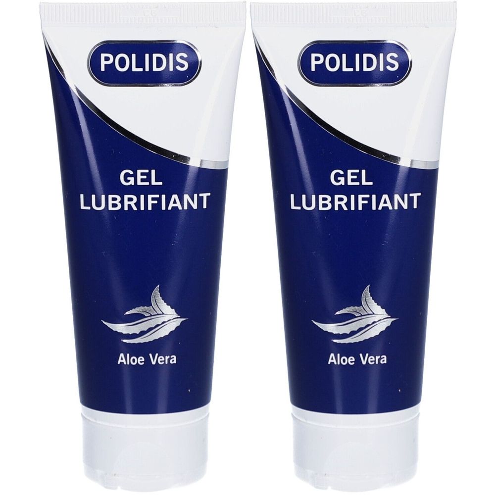 Deux tubes de gel. Inscription POLIDIS, GEL LUBRIFIANT, Aloe Vera. Tube blanc avec fond bleu et ligne argentée.