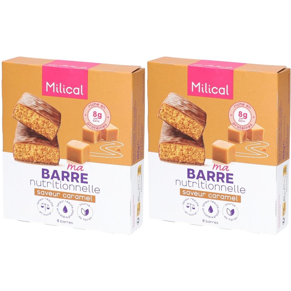 Deux boîtes de barres Milical. Inscription: Ma Barre nutritionnelle, saveur caramel. Contient 8g de protéines. 6 barres par boîte.