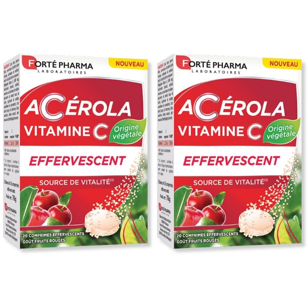 Deux boîtes de Forté Pharma Acérola Vitamine C. Emballage blanc avec design rouge et vert. Inscription : Effervescent.