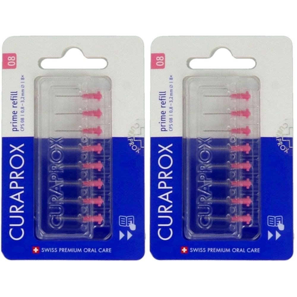 Deux blisters de recharges de brossettes interdentaires roses. Inscription : CURAPROX, prime refill, CPS 08.