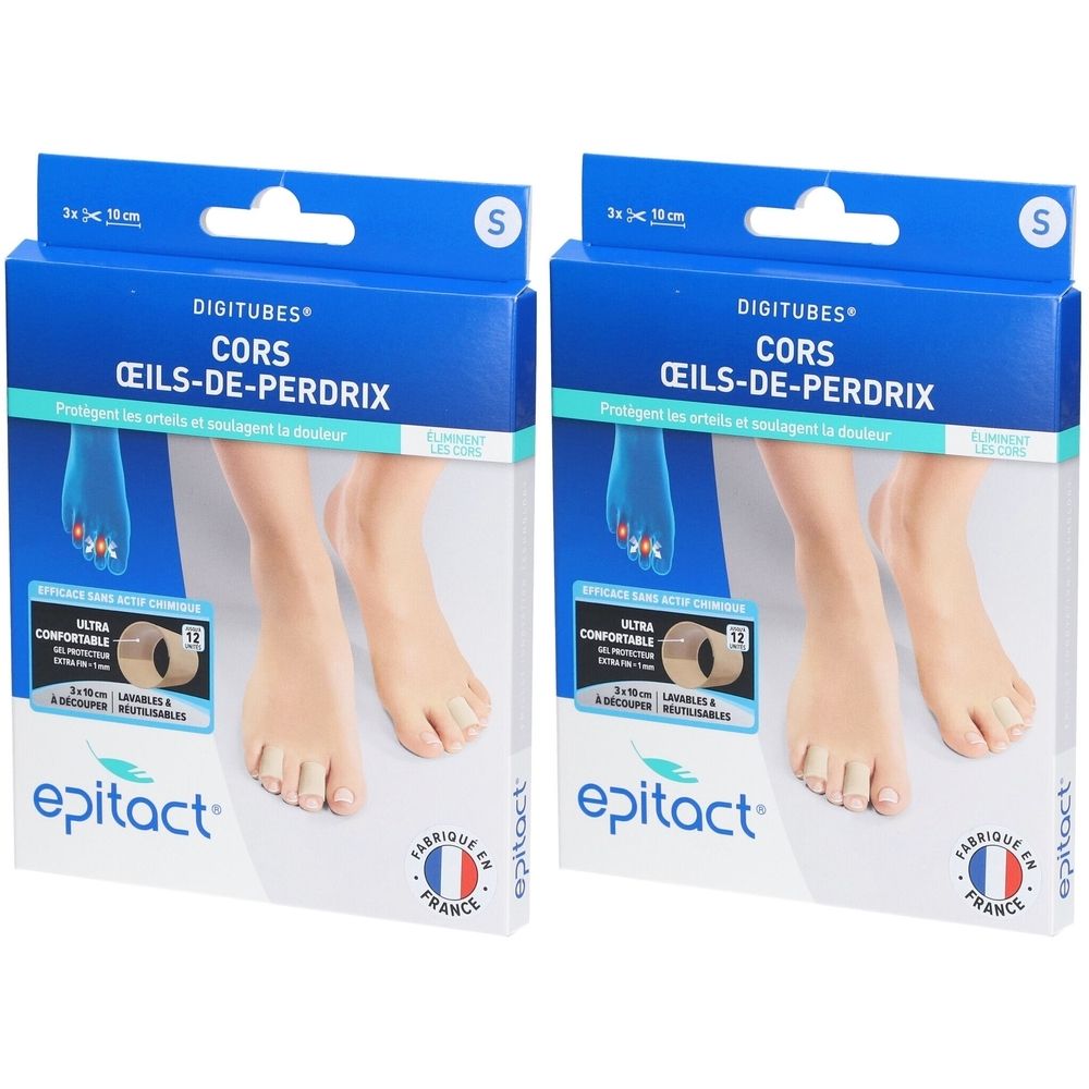 Deux boîtes de Digitubes epitact®. Emballage bleu avec nom du produit et illustration de pieds. Fabriqué en France.