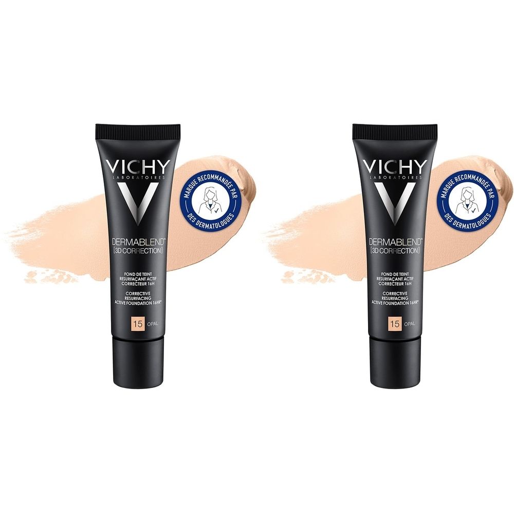 Deux tubes de VICHY Dermablend 3D Correction 15 Opal. Tubes noirs avec texte blanc. Taches de couleur et un sceau bleu à côté.