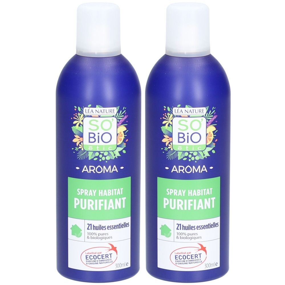 Deux flacons pulvérisateurs bleus avec bouchons blancs. Inscriptions : SO BIO ETIC, AROMA, SPRAY HABITAT PURIFIANT, 21 huiles essentielles. Certification ECOCERT.