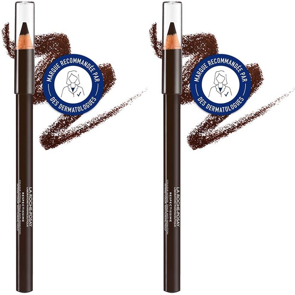 Deux crayons pour les yeux bruns avec capuchon. Autocollant : « MARQUE RECOMMANDÉE PAR DES DERMATOLOGUES ». Marque : LA ROCHE-POSAY.