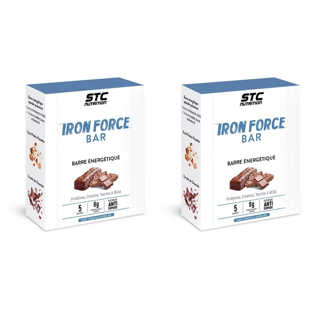 Deux boîtes "STC Nutrition Iron Force Bar". Inscription "Barre Energétique". Illustration de barres chocolatées.