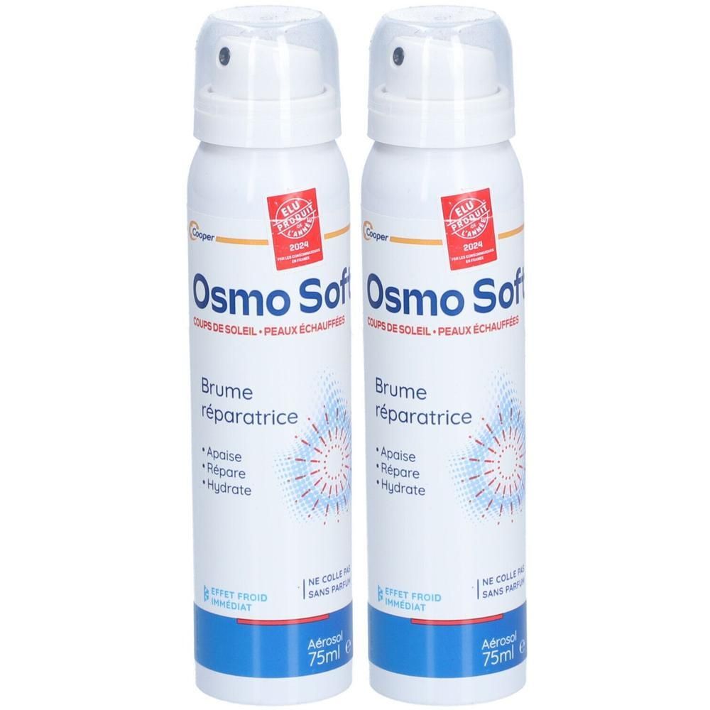 Deux aérosols blancs OSMO SOFT. Texte: Brume réparatrice, Coups de soleil, Peaux échauffées. Flacon de 75ml.