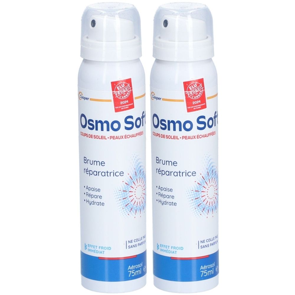 Deux flacons spray blancs. Inscriptions: Osmo Soft, Brume réparatrice. Logo de certification rouge. Contenance 75ml.