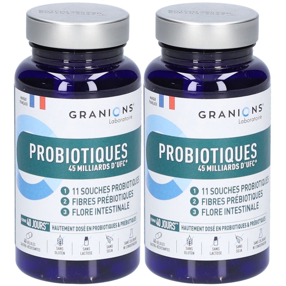 Deux flacons de gélules bleues. Inscription : GRANIONS Probiotiques, 45 milliards d'UFC, 11 souches, fibres prébiotiques, flore intestinale.