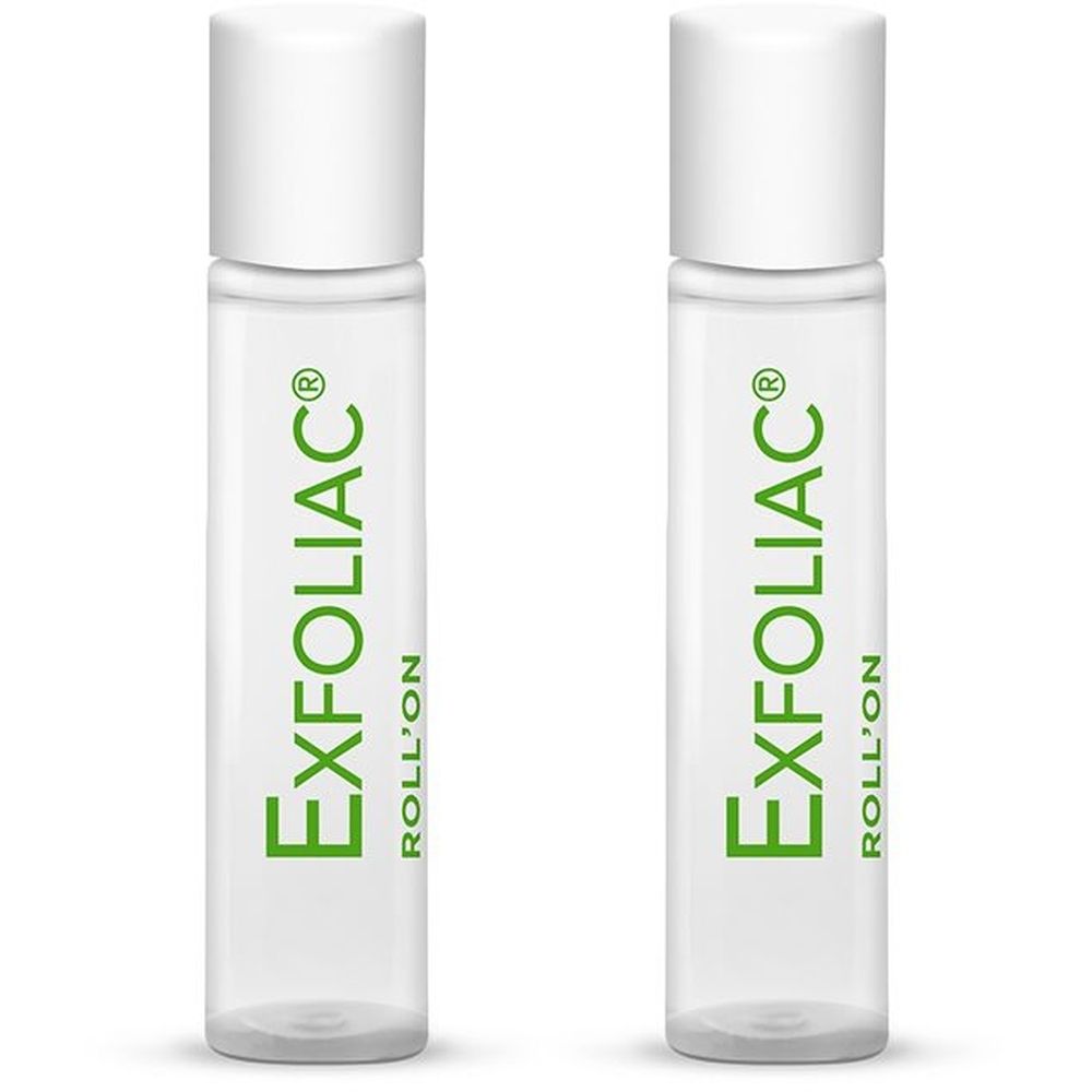 Deux flacons roll-on transparents avec bouchon blanc. Inscription EXFOLIAC en vert. Roll'on.