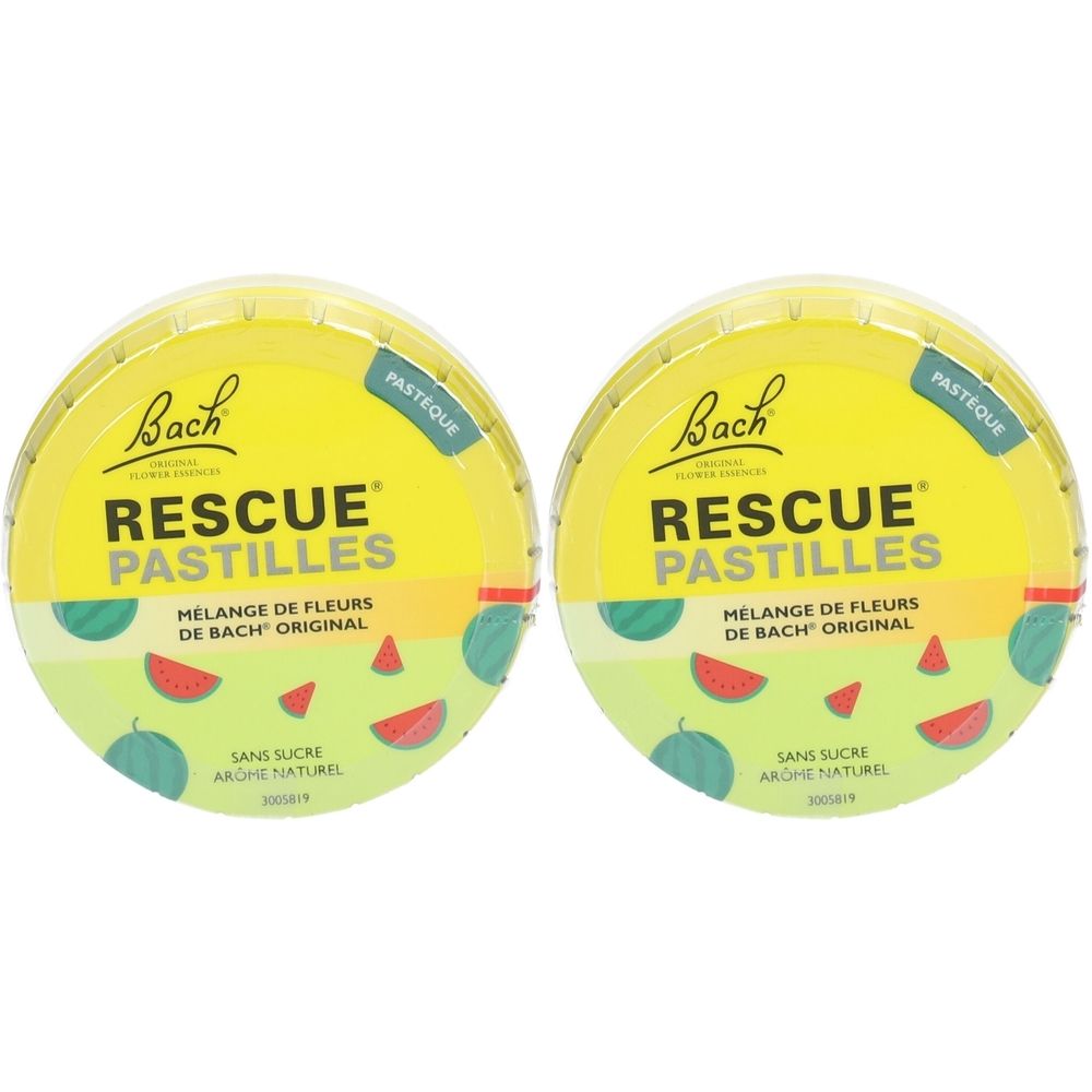Deux boîtes rondes jaunes. Inscription: RESCUE PASTILLES, Mélange de fleurs de Bach Original. Illustrations de pastèques.