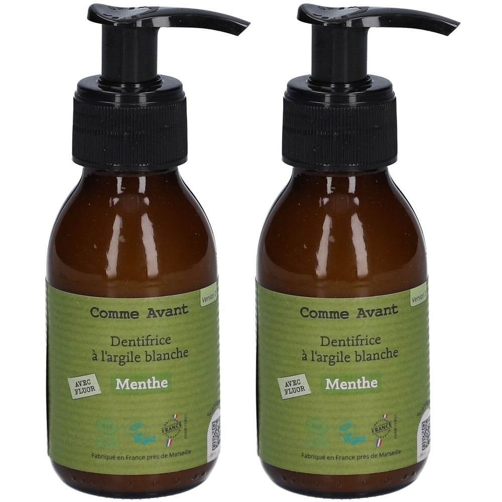 Deux flacons bruns avec pompe noire. Inscription : Comme Avant, Dentifrice à l'argile blanche, Menthe. Étiquettes vertes.