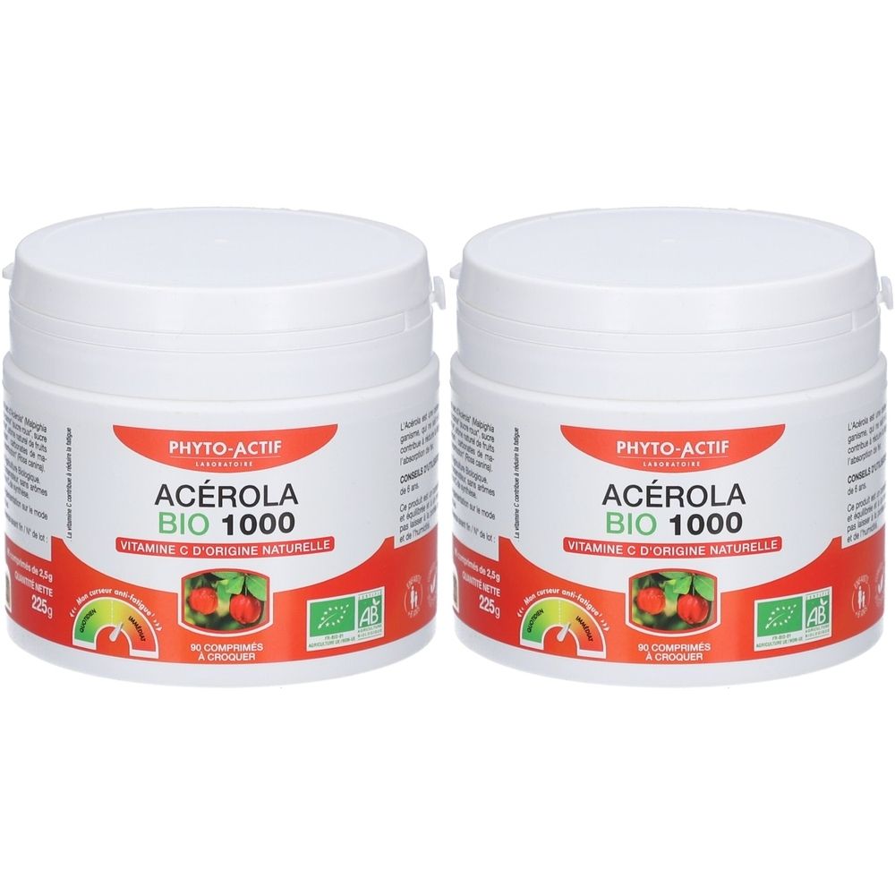 Deux pots blancs avec étiquettes rouges et vertes. Inscription : PHYTO-ACTIF Acérola Bio 1000. Label bio.