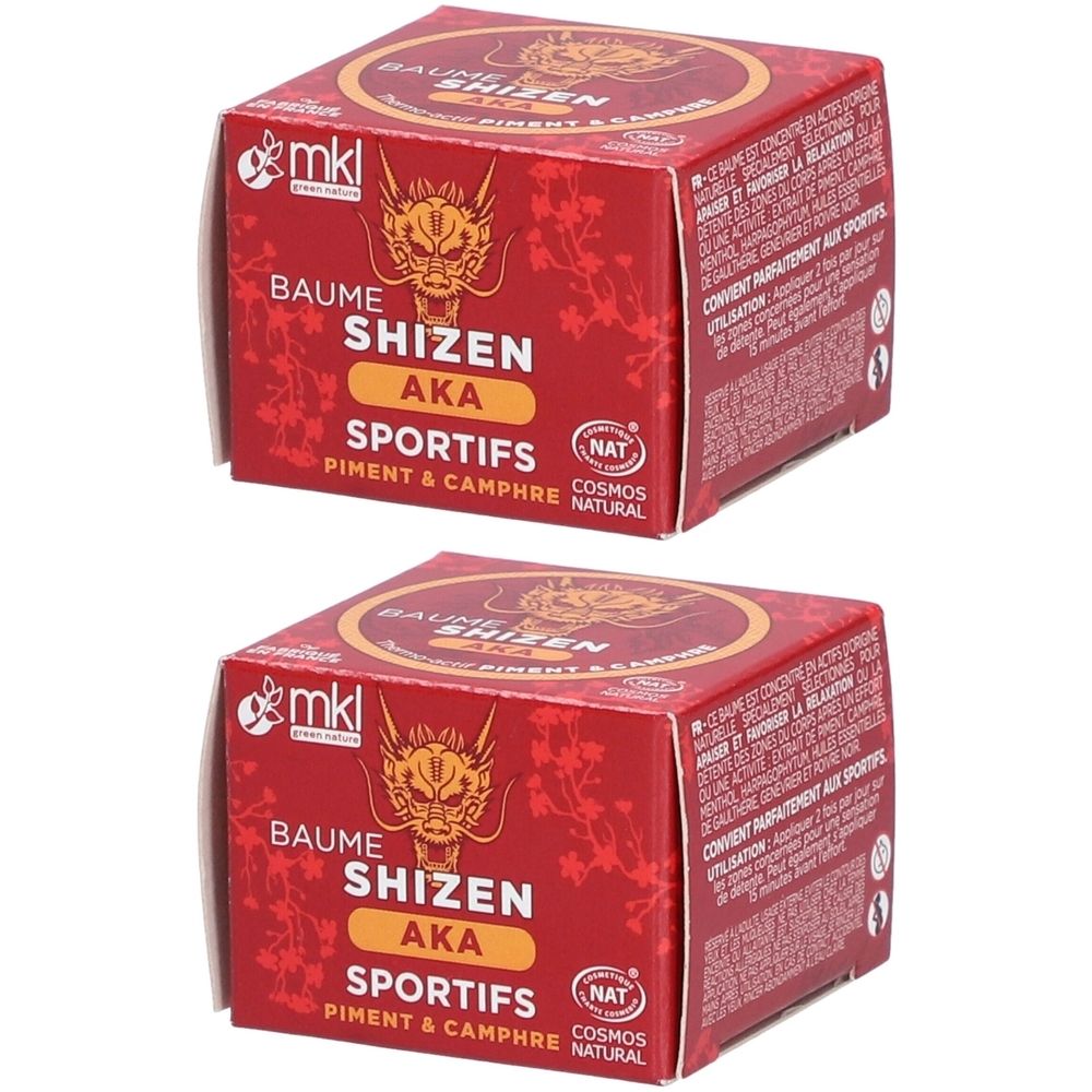 Deux boîtes rouges. Inscription: Baume Shizen Aka Sportifs, Piment & Camphre. Logo mkl. Certification NAT COSMOS NATURAL.