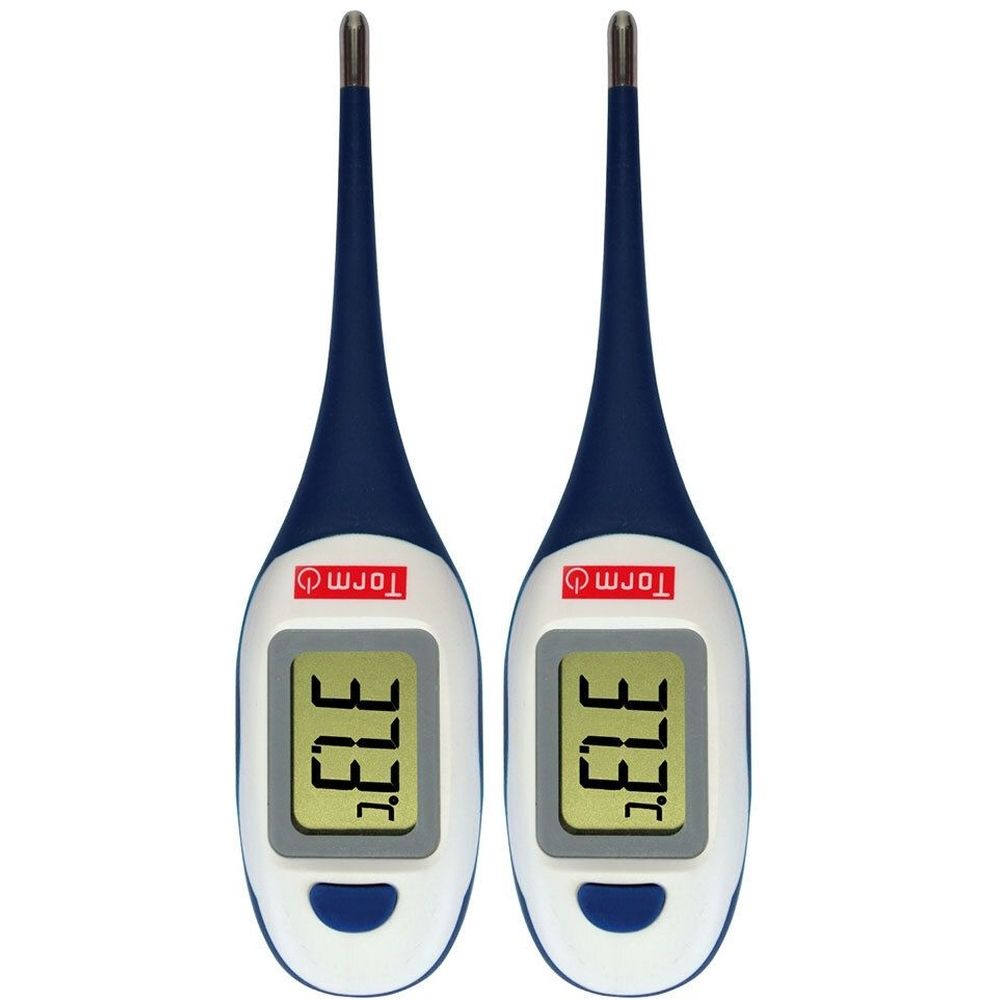 Deux thermomètres numériques. Manche bleu, écran affichant 37,3°C. Marque Torm.