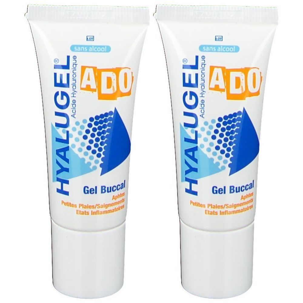 Deux tubes de gel buccal. Tubes blancs avec texte bleu et orange. Inscription: HYALUGEL A DO, Acide Hyaluronique.