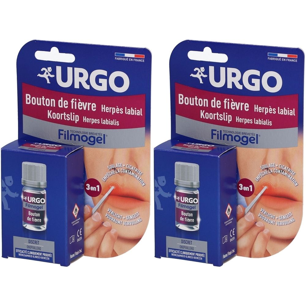 Deux emballages URGO Filmogel. Boîtes bleues avec nom du produit et illustration. Petit flacon avec applicateur.