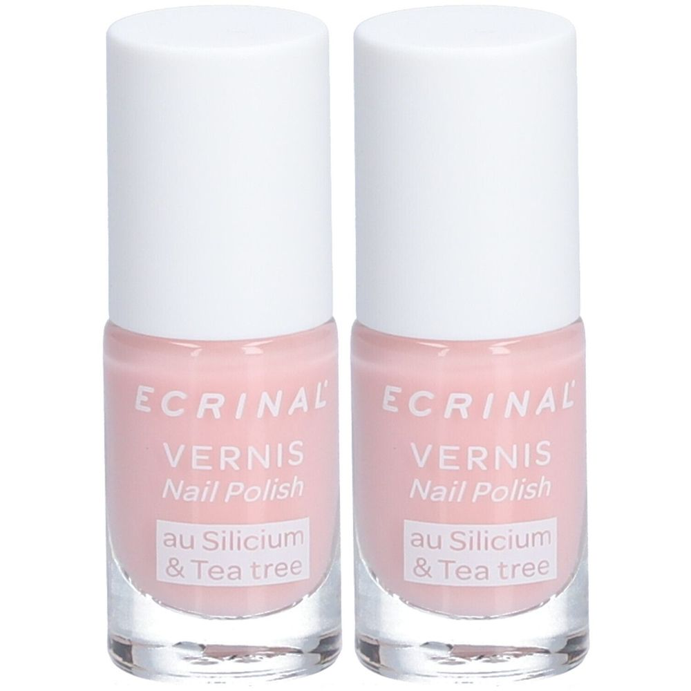 Deux flacons de vernis à ongles. Liquide rose dans des flacons en verre avec des bouchons blancs. Inscription : ECRINAL, Vernis, Nail Polish.
